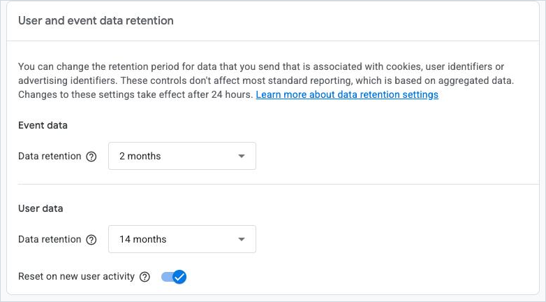 GA4 data retention settings showing Event data set to 2 months and User data set to 14 months