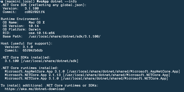 Terminal output from dotnet --info showing .NET Core SDK 3.1.100 on Mac OS X 10.14