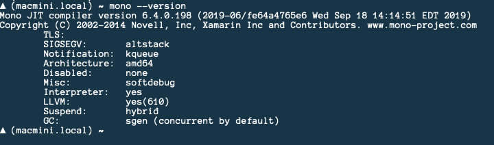 Terminal output from mono --version showing the Mono JIT compiler at 6.4.0.198