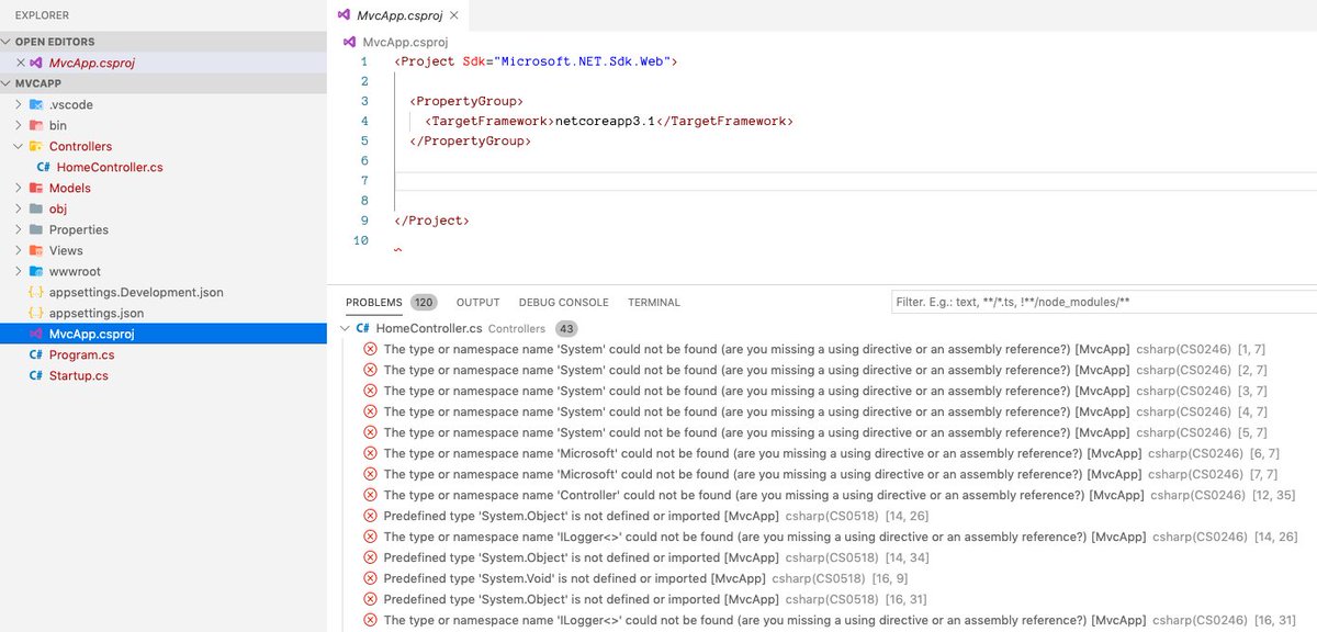 MvcApp.csproj open in VSCode, unchanged and targeting netcoreapp3.1, while the problems panel still reports 120 errors