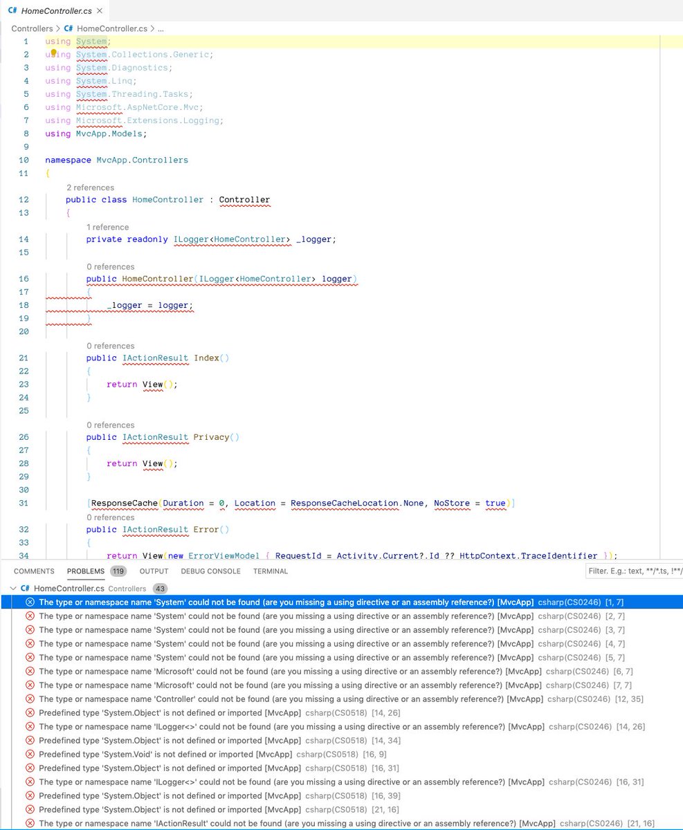 VSCode showing HomeController.cs covered in red squiggles, with the problems panel reporting 119 errors such as "The type or namespace name 'System' could not be found"