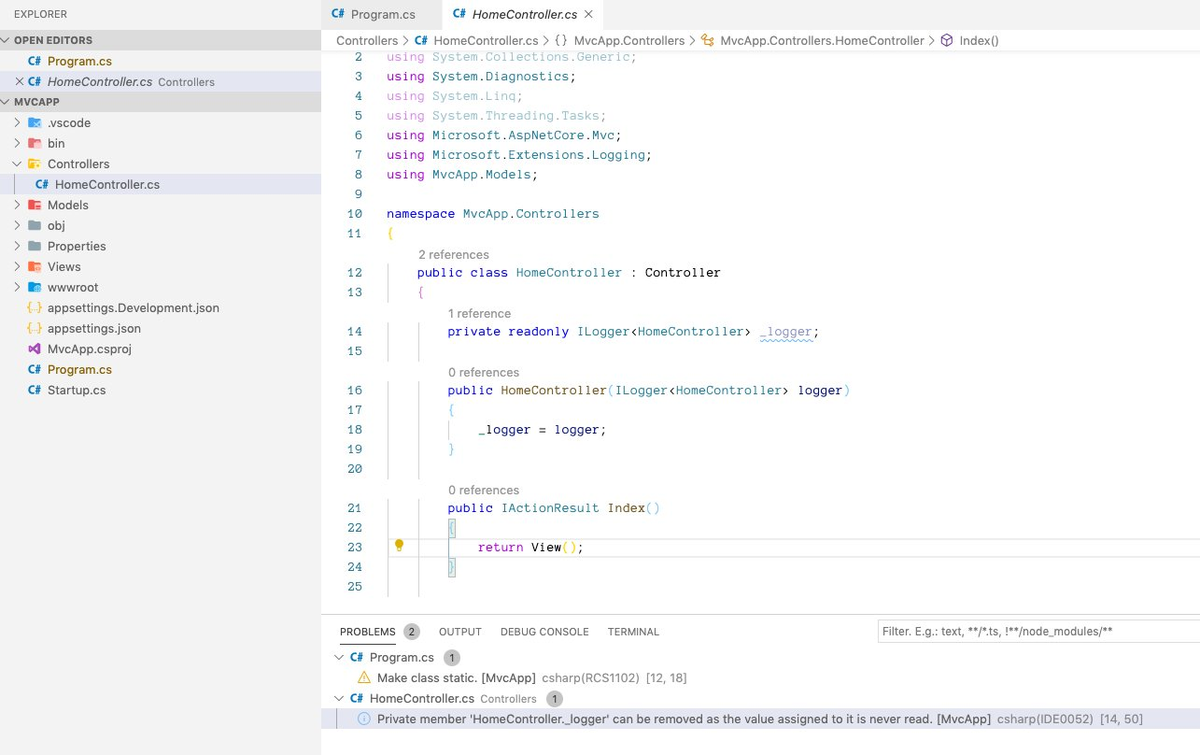 The same project open in VSCode after installing the stable Mono release, with the problems panel down to two minor style hints
