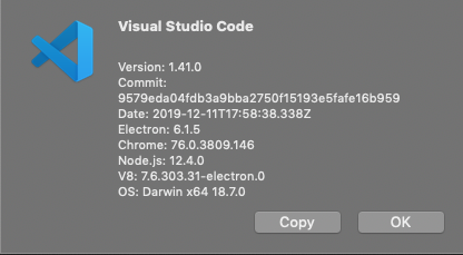 The Visual Studio Code about dialog showing version 1.41.0